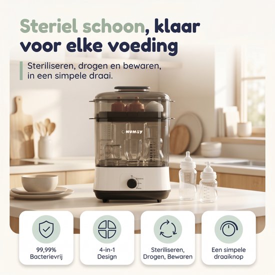 Numsy Steamix Pro Sterilisator en Droger - Flessterilisator - 4-in-1 - Tot 8 Flessen - 48u Opslag - Babyfles Sterilisator - Wit/Groen van Numsy — afbeelding 2