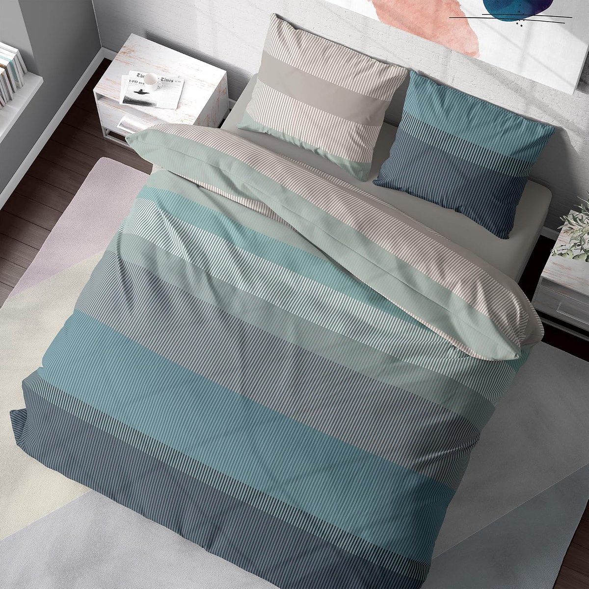 beddengoed 155x200 – 100% katoen, ÖKO-TEX gecertificeerd, renforcé, ademend & antiallergeen, met ritssluiting, 2-delig – dekbedovertrek + kussensloop 80x80, turkooisblauw blauw