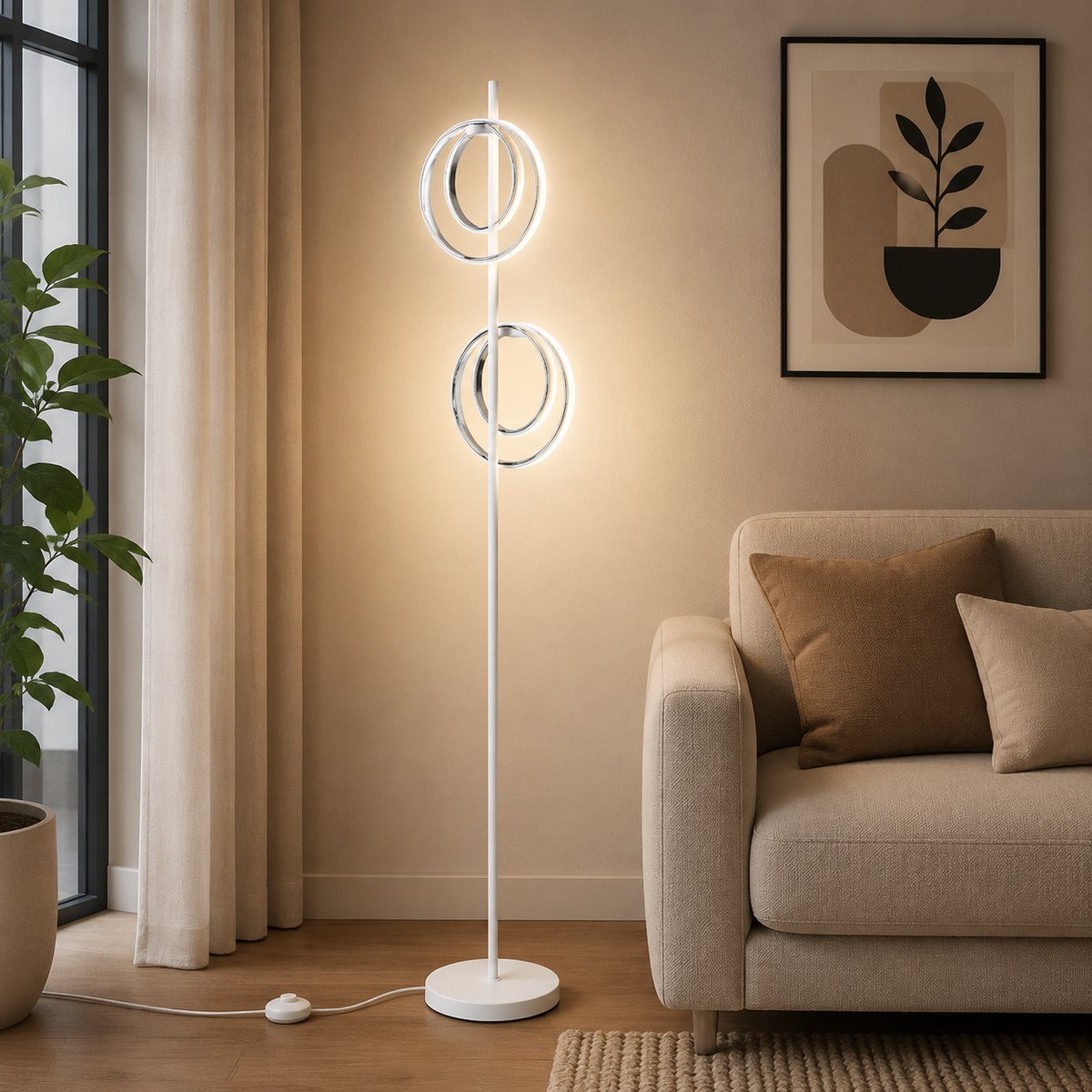 Lemlit - LED vloerlamp, 2-lichts staande lamp, ringlamp, modern design, 59 x 25 x 160 cm, 21W 4500K, voetschakelaar, woonkamer slaapkamer leeshoek - Energieklasse C - zandwit