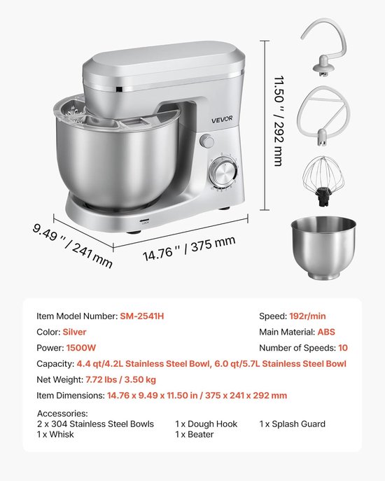 Keukenmachine - Mixer Foodprocessor - Bakken en Koken - 10 Snelheden - 5.7 Liter Kom - Zilver — afbeelding 5