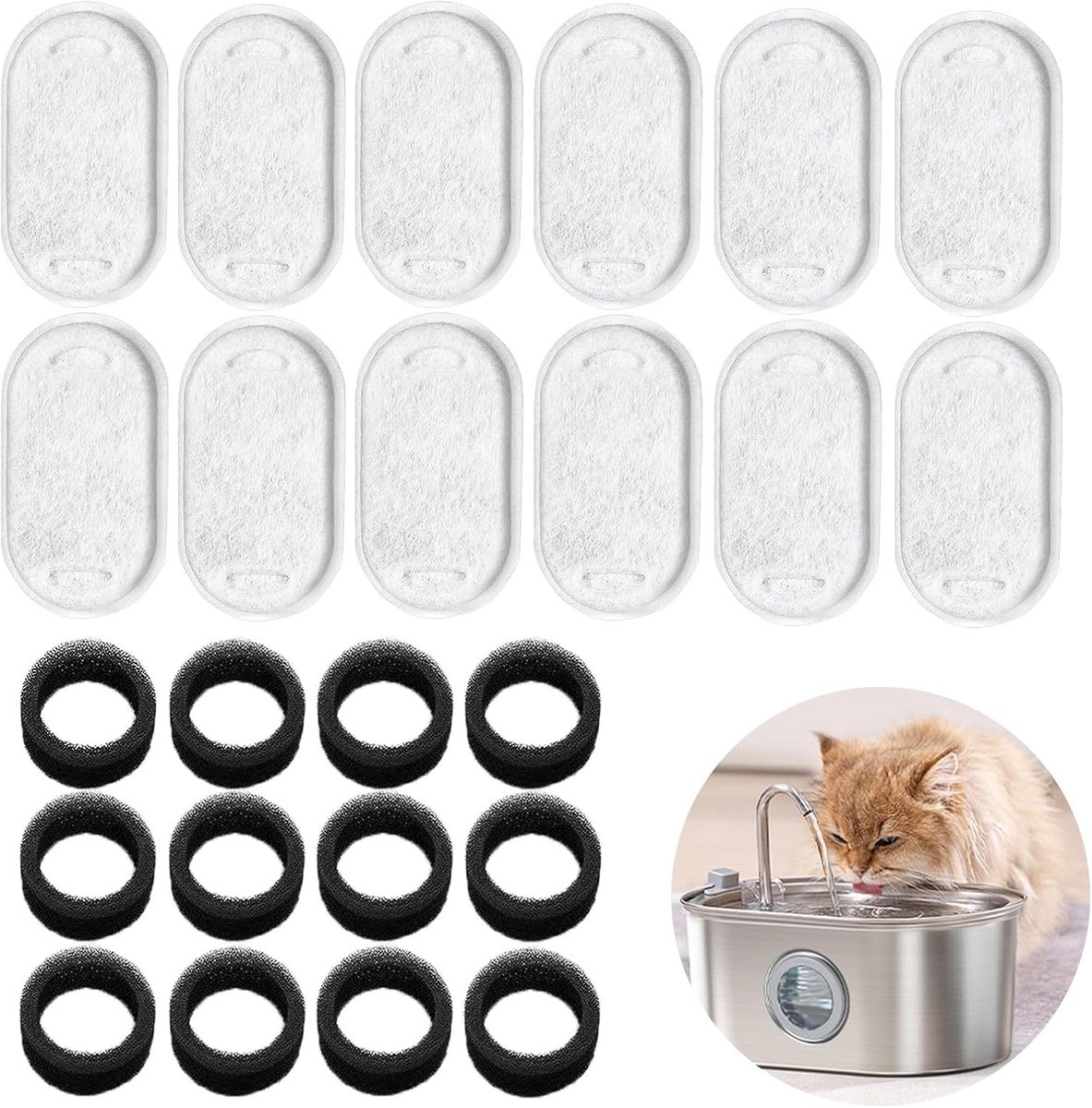 24 stuks kattenwaterfonteinfilterset, 12 stuks koolstoffilters en 12 stuks schuimfilter, kattenfonteinfilters, huisdierwaterfonteinfilters voor 3,2 l/2 l kattenfontein en waterfontein voor huisdieren