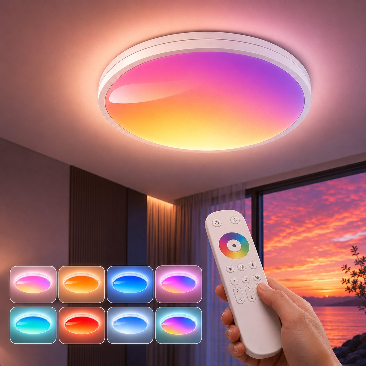 MUPOO Daglichtlamp LED Plafondlamp 48W –RGB Plafonnière met Dynamische Hemellichteffecten –Dimbaar & Afstandsbediening Daglichtsimulatie & Geheugenfunctie –Tegen Winterdip-oor Woonkamer, Slaapkamer - Ø37 cm