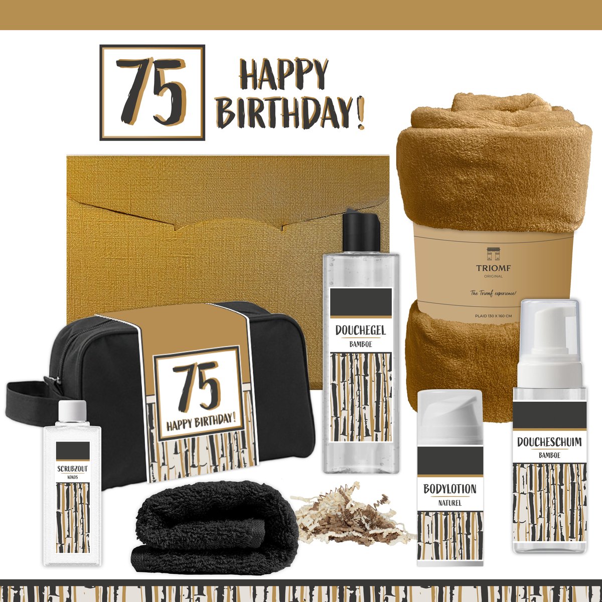 Geschenkset “75 Happy Birthday!” - 7 producten - 1390 gram | Giftset voor hem Vader Papa Vijfenzeventig jaar Cadeau Luxe Wellness Pakket Man Speciaal Cadeaupakket Doos Handdoeken Fleecedeken Geschenk Cadeaudoos Verjaardag Vriend Gift Set Douche Goud