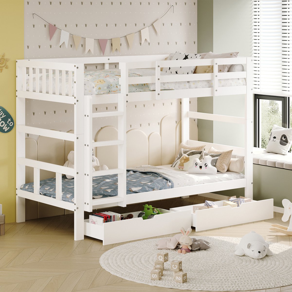 Kinderstapelbed 90x200 cm, verwijderbaar Tweepersoonsbed met trap en 2 opberglades, Mezzaninebed met lattenbodem, massief hout, matras niet inbegrepen, Wit
