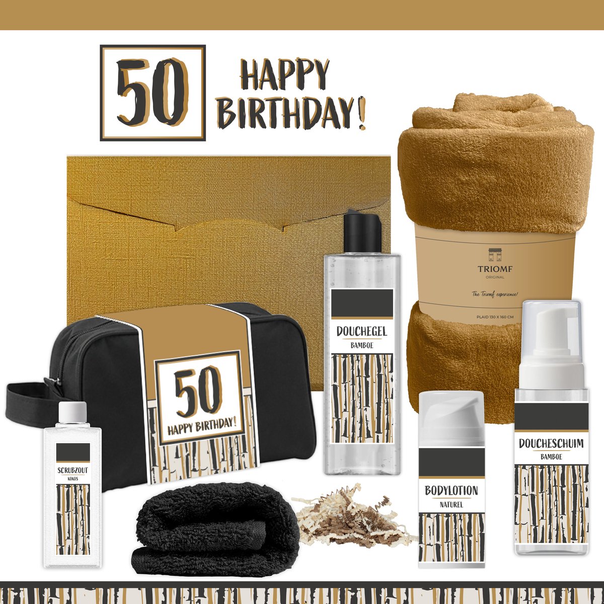 Geschenkset “50 Happy Birthday!” - 7 producten - 1390 gram | Giftset voor hem Vader Papa Vijftig jaar Cadeau Luxe Wellness Pakket Man Speciaal Cadeaupakket Doos Handdoeken Fleecedeken Geschenk Cadeaudoos Verjaardag Vriend Gift Set Douche Goud