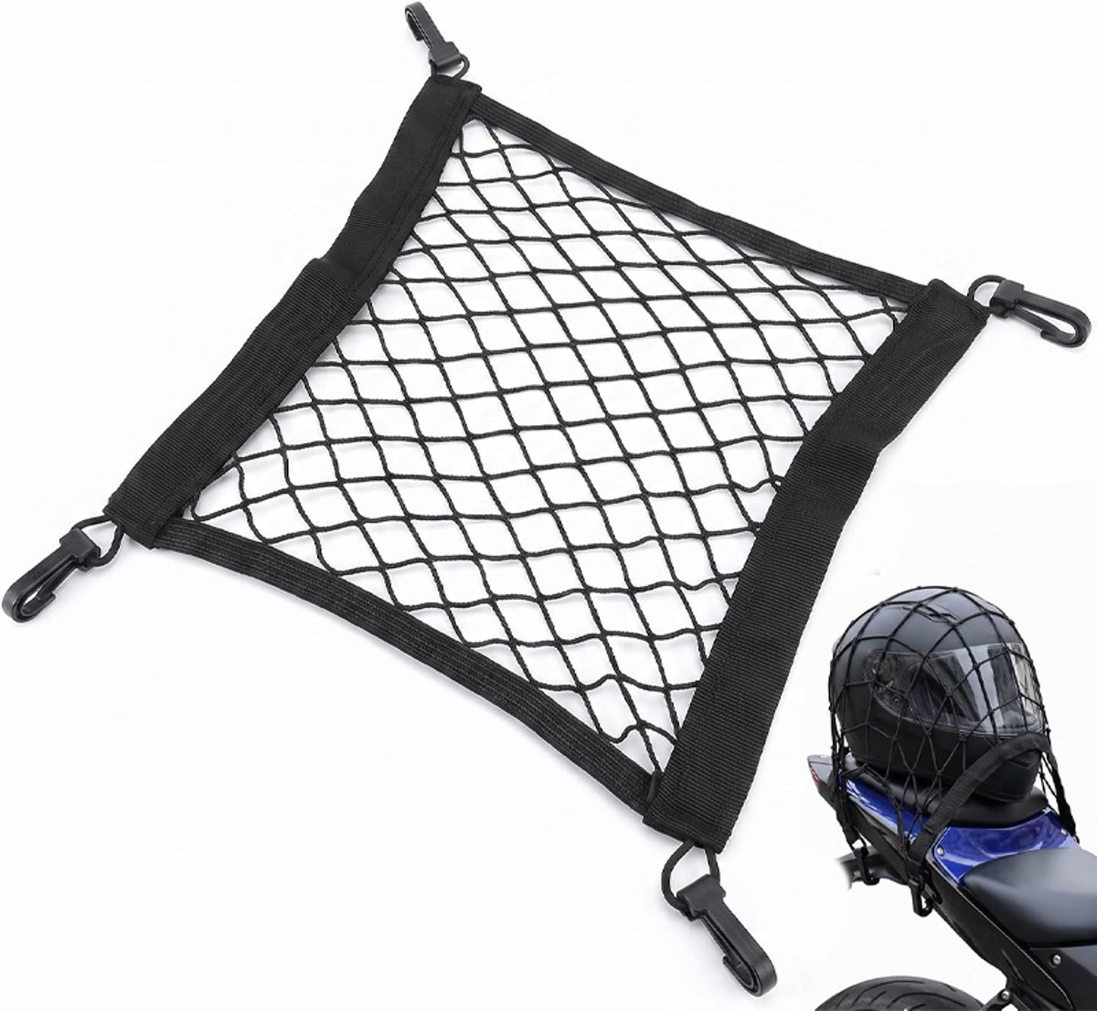 Auto-montagenet - Flexibel auto-opbergnet - Bagagenet voor motorfietsen - Voorzien van 4 haken - Geschikt voor het vastzetten van motorhelmen en bagage - Kan ook gebruikt worden als auto-veiligheidsnet of opbergnet - 28*30 cm - Zwart