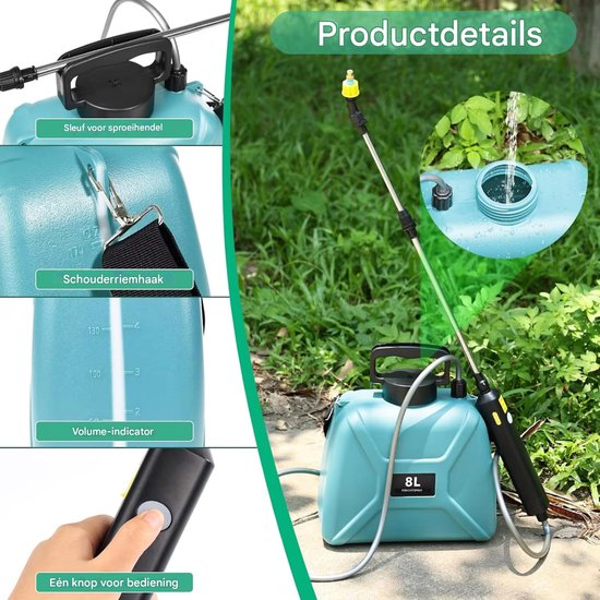 Elektrische drukspuit - Draagbare plantensproeier met spuitpistool en USB-oplaadbare accu - Groen, 8 L tuinirrigatie en verneveling — afbeelding 5