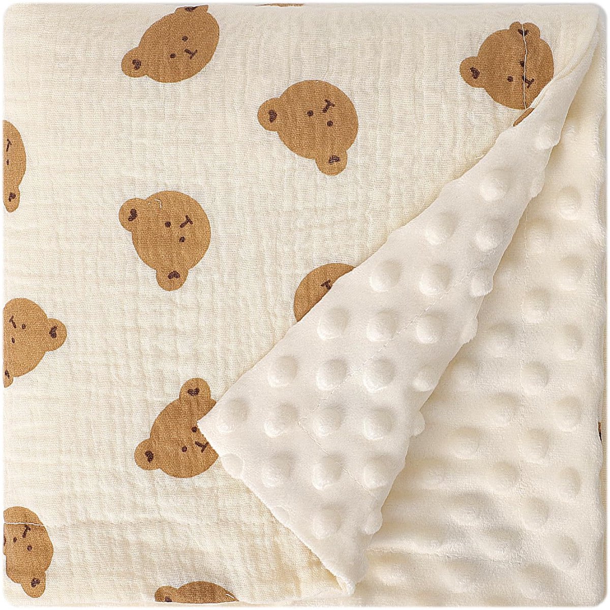 Babydeken van katoengaren, 75 x 100 cm, pasgeboren deken, 100% puur katoen en fleece, multifunctioneel dubbelzijdig babydoopcadeau, geschikt voor kinderwagens, als troostdeken of babywikkeldeken,Kleine Beer