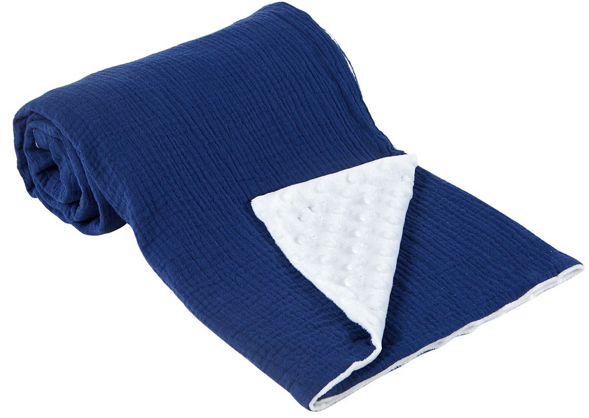 Babydeken van katoengaren, 75 x 100 cm, pasgeboren deken, 100% puur katoen en fleece, multifunctioneel dubbelzijdig babydoopcadeau, geschikt voor kinderwagens, als troostdeken of babywikkeldeken,Donkerblauw