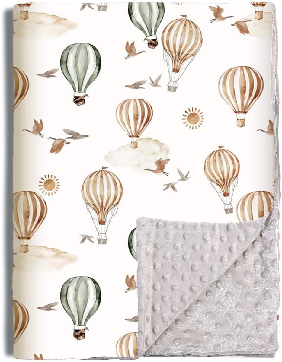 Babydeken van katoengaren, 75 x 100 cm, pasgeboren deken, 100% puur katoen en fleece, multifunctioneel dubbelzijdig babydoopcadeau, geschikt voor kinderwagens, als troostdeken of babywikkeldeken,heteluchtballon