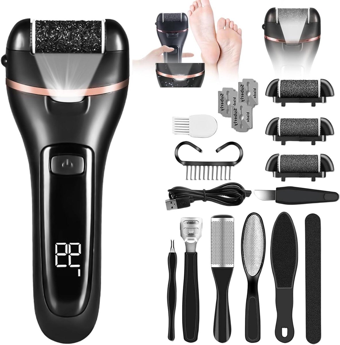 Elektrische Eelt remover - Voetvijl Pedicure Set - Voeten Verzorgen - 10-in-1 Set - 21.5 cm - Zwart