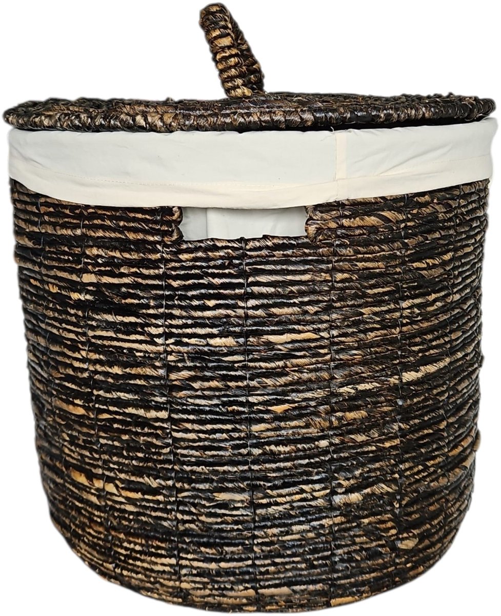 Waterhyacint Wasmand Zwart Gerookt Ø49cm | Linnen Voering & Handgrepen | Deksel | Badkamer