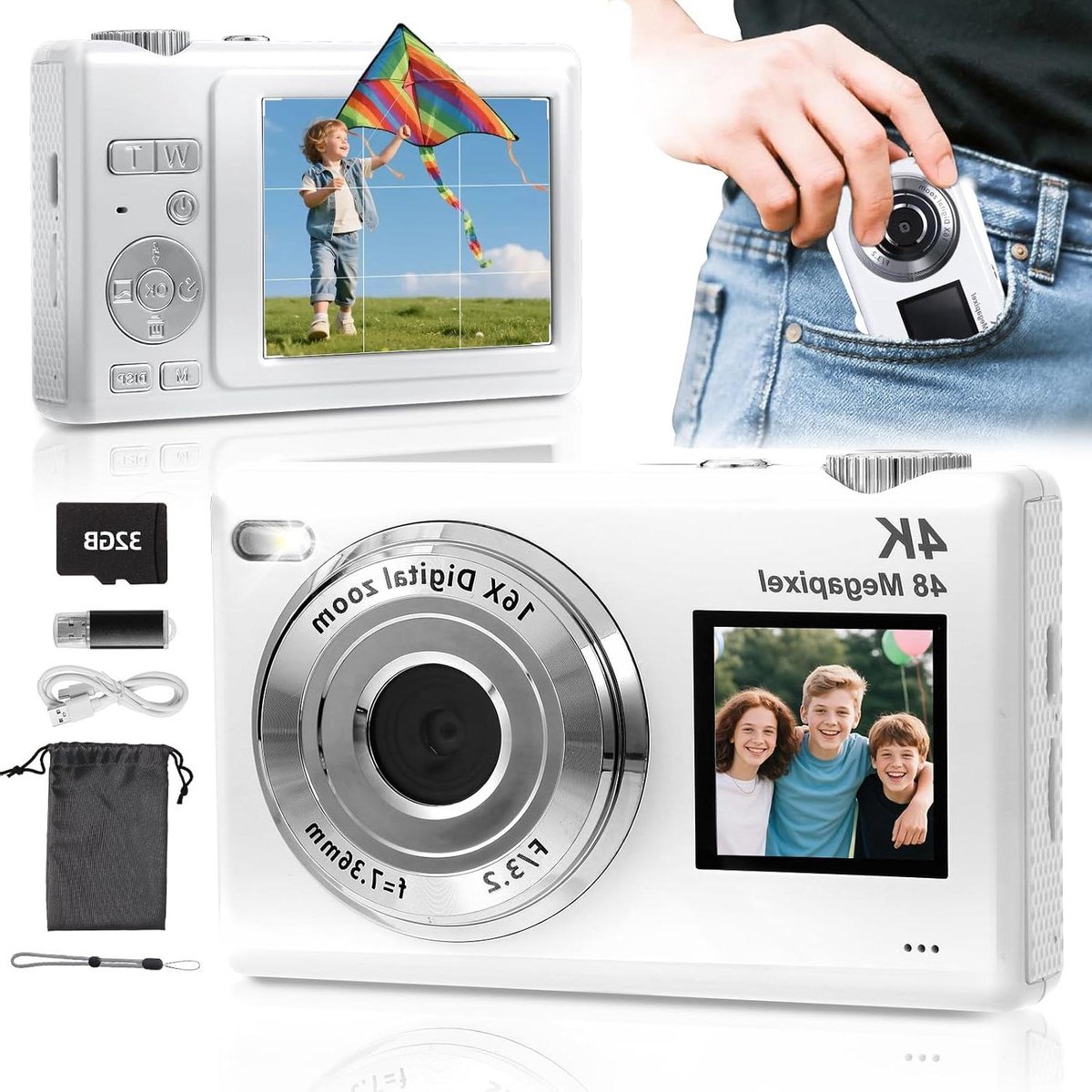Digitale Camera - Vlogcamera Kinderen - Foto's en video's - Dubbel Scherm Autofocus - 4K 48MP - Wit