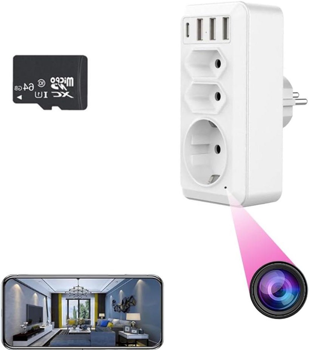 Stopcontact Camera - Verborgen Camera - Binnenbeveiliging Huis - Met Nachtzicht - 3 USB Poorten - Wit