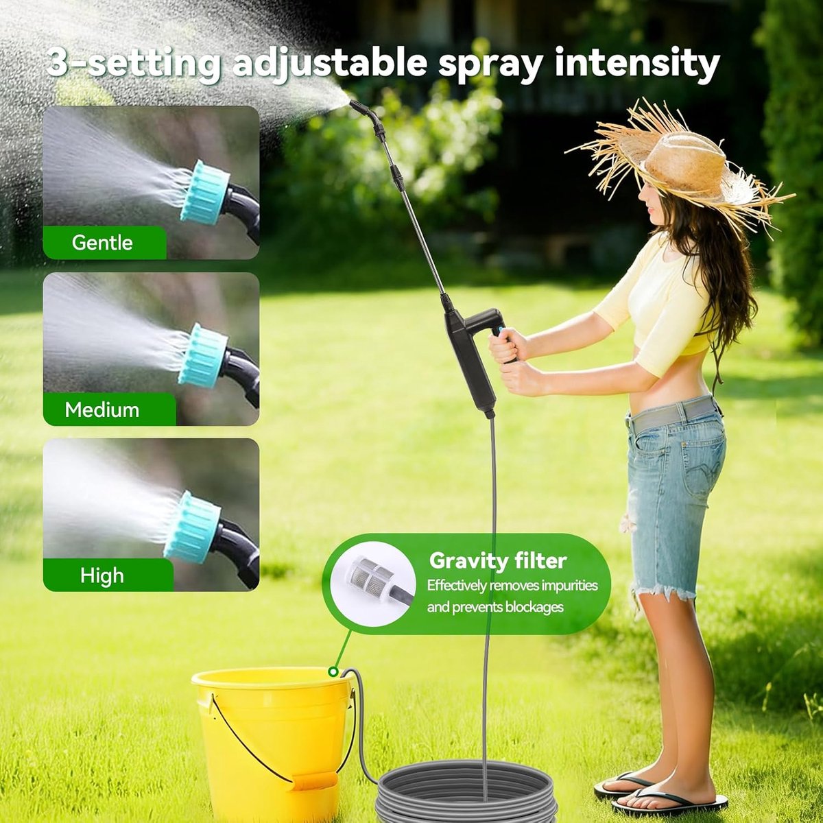 auvstar Accu-druksproeier, elektrische plantensproeier, 5 m slang | Elektrische druksproeier, 4 sproeiers, oplaadbare en draagbare sproeistaaf voor tuin, gazon en onkruid
