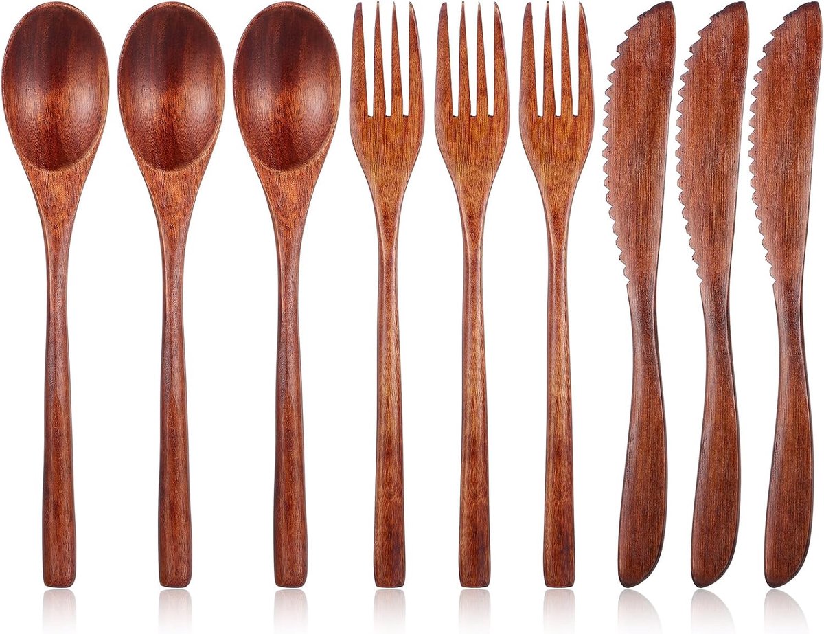 9-delig houten bestek om te eten, 3 soorten Nanmu houten servies, herbruikbare houten lepels, vorken, schrapers, houten bestek voor keuken, thuis, kantoor, cadeau-ideeën