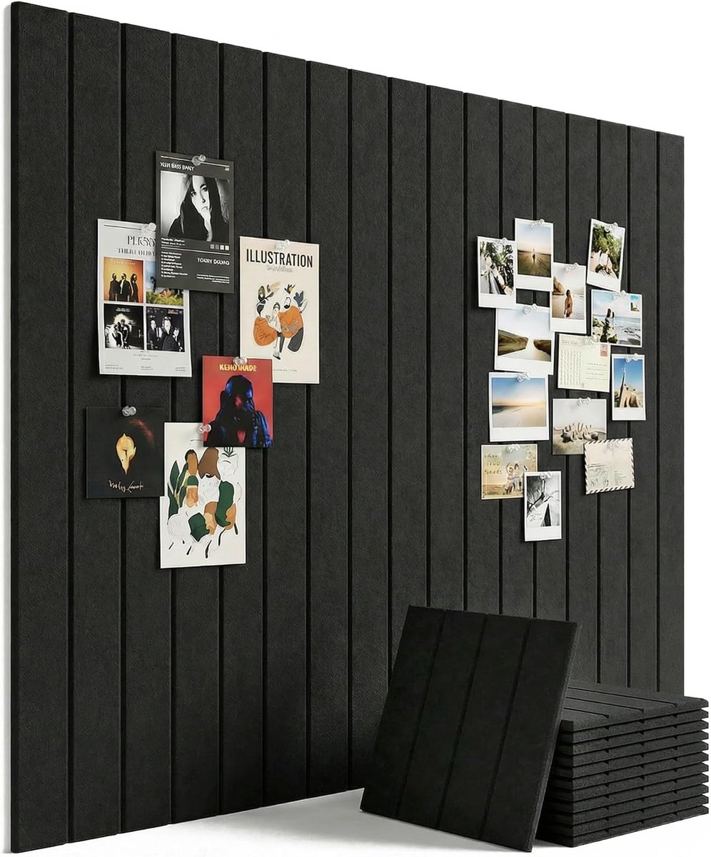 120x90cm Groot Zelfklevend Filt Prikbord, 12 Stuks 30x30cm Decoratief Filt Prikbord, Opvouwbaar Fotobord voor Kantoor Keuken, Foto's Memo's Wanddecoratie (Zwart)