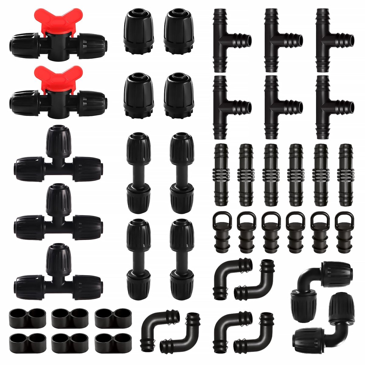45 Stuks Drip Irrigation Fittings Kit voor 16 mm Irrigatiebuis, Druppelirrigatie Prikkeldraad Connectors voor Tuin, Gazon, met Schakelklep, T-stukken, Elleboog, Recht, Eindplug, Zwart