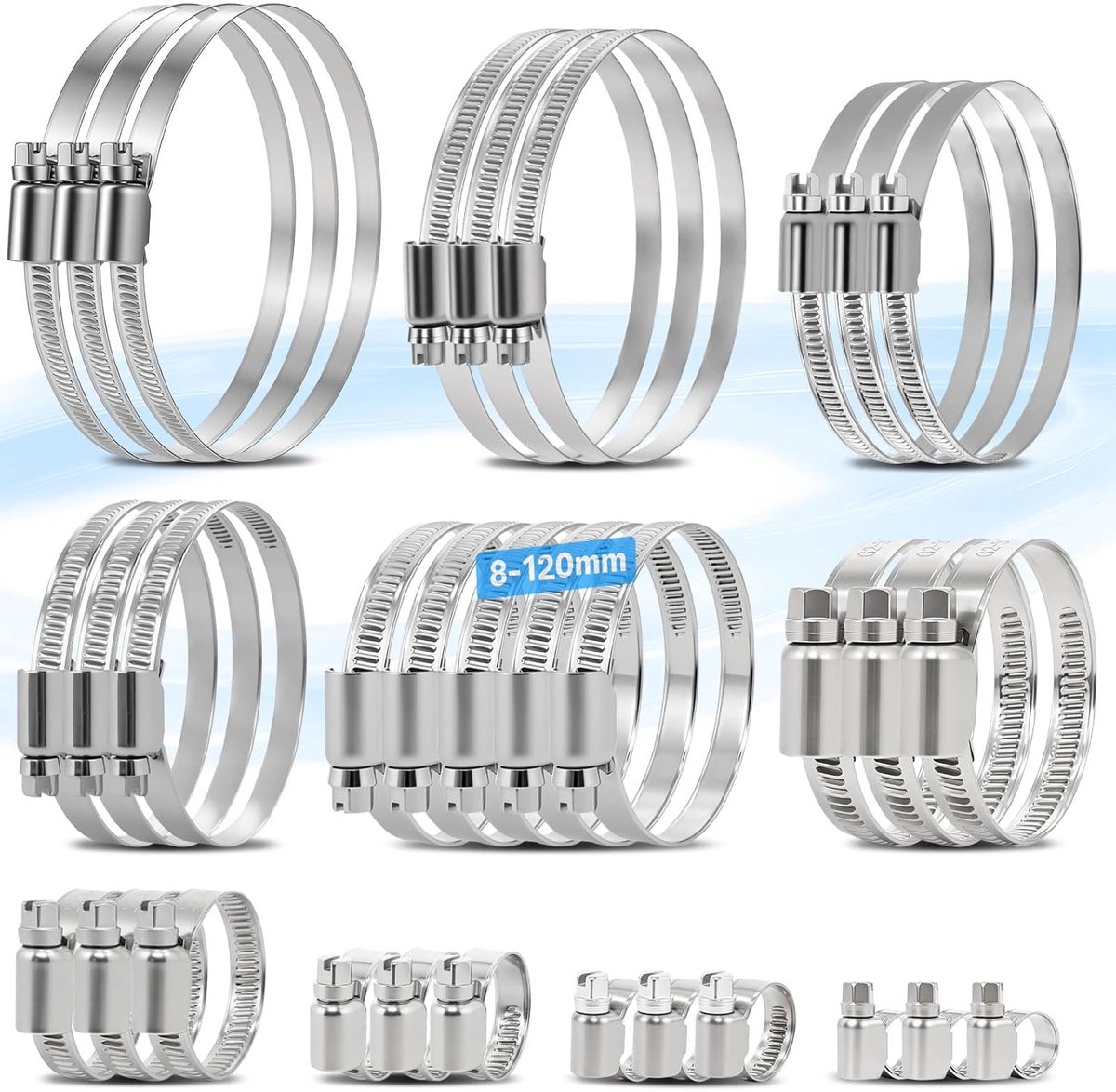 Set 53 Stuks RVS 304, 8–120 mm, 10 Maten, Verstelbare Slangklemmen voor Buizen, Water, Tuin, Auto en Doe-het-zelf | Roestvrij staal 304 slangklemmen, assortiment, verstelbare schroefdraad, slangklemmen voor auto, waterleidingen
