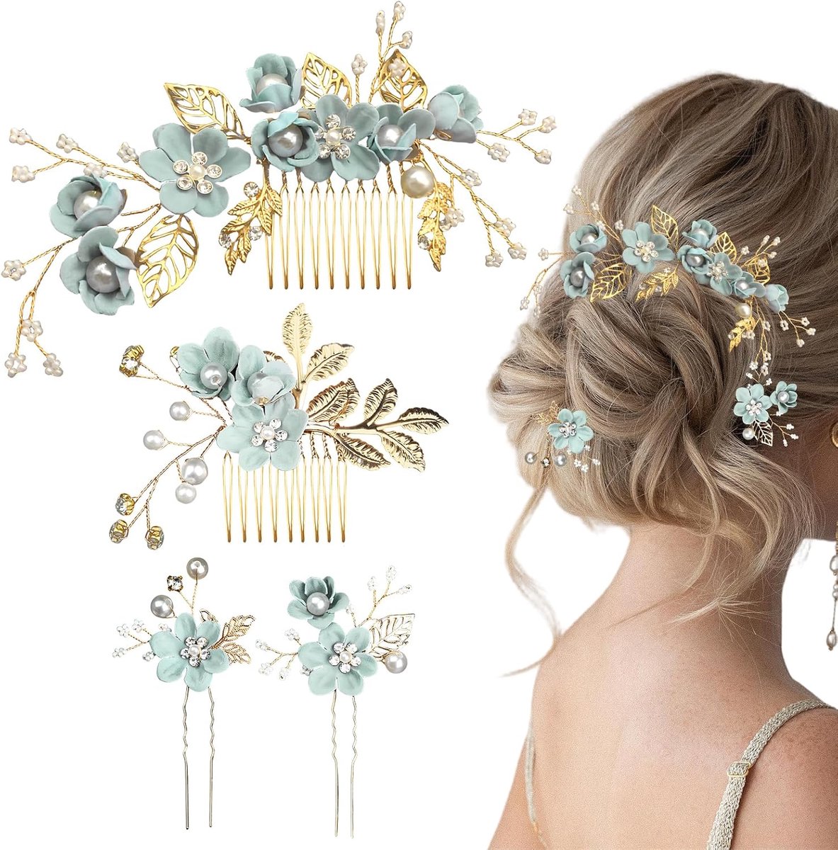 Set van 4, Groene Haarkam en Bloemen Haarspelden, Elegante Haarstukjes voor Bruiden, Bruidsmeisjes en Bruiloftsgasten