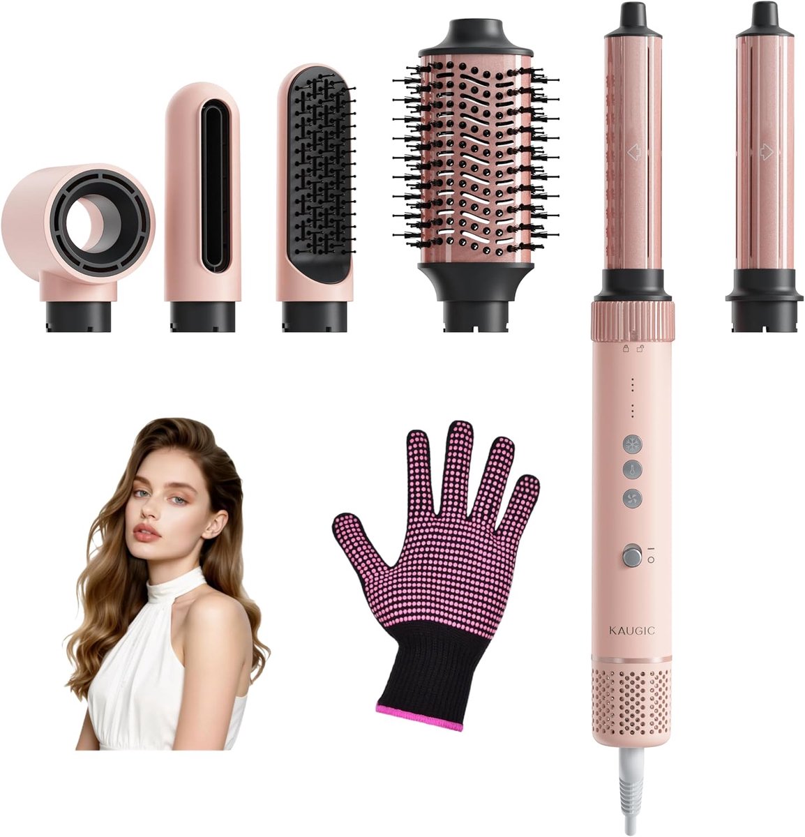 6-in-1 haarstyler airstyler krultang 110.000 rpm hoge snelheid lonen föhn krullen of gladmaken föhnborstel warmluchtborstel ronde borstel haardroger roze