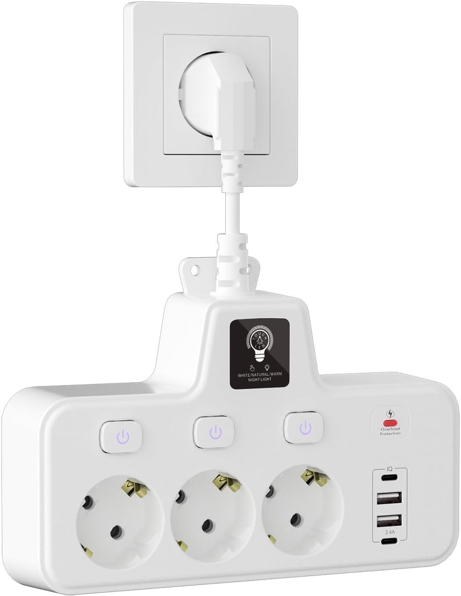 Stekkeradapter met touch-nachtlampje met 3 sleuven, 2 type C + 2 USB-poorten, EU-stekkerdoos, enkelvoudig schakelbaar, overspanningsbeveiliging voor thuis, kantoor (3-voudig wit)