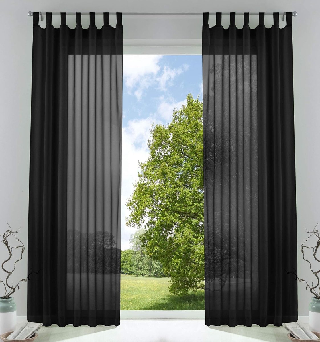 Set van 2 gordijnen, transparant, voor de woonkamer, voile met loodband, H x B 245 x 140 cm, zwart, 61000CN | Afneembare lussen voor gordijnrail, ingenaaide plooiband, loodband, 100% polyester voile, wasbaar op 40 °C