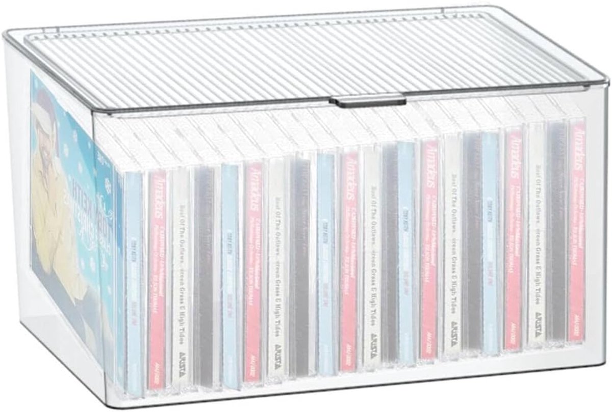 CD-opbergdoos met 24 cd-hoesjes, transparante kunststof doos met deksel, 27 x 15,5 x 15 cm, organizer box voor filmhoesjes, dvd