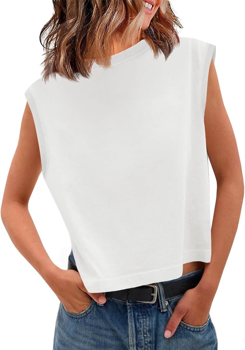 Tankaneo Dames zomer crop tank tops mouwloos ronde hals T-shirts basic losse fit T-shirts casual effen bovenstuk