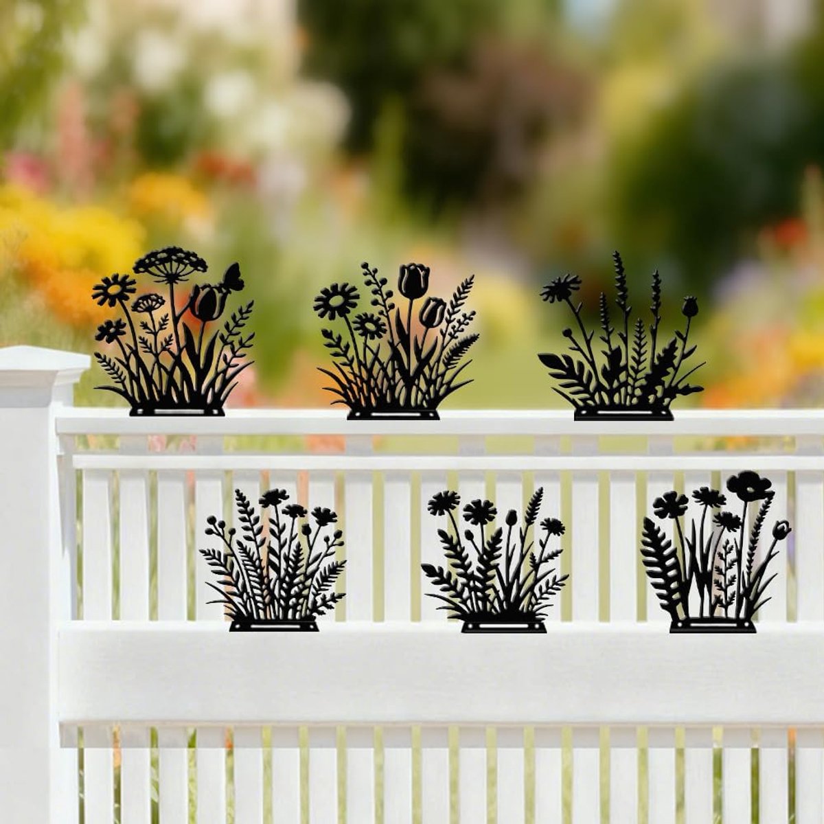 6 stuks wilde bloemen metalen tuinstekers, zwarte planten silhouet decoratie voor buiten, dubbelzijdig metalen kunstornament voor binnenplaats, gazon, terras, pad, buiten, tuindecoratie