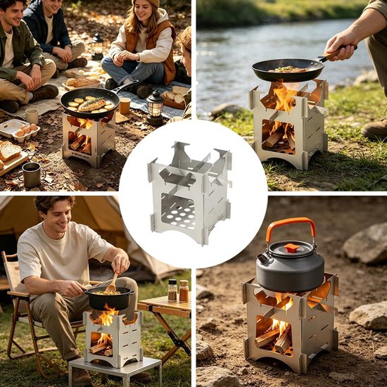 houtkachel, outdoor kooktoestel van roestvrij staal, campingkooktoestel opvouwbaar, insteekbaar, hobo-kooktoestel, mini-houtkachel voor koken, wandelen, picknick, barbecue — afbeelding 4