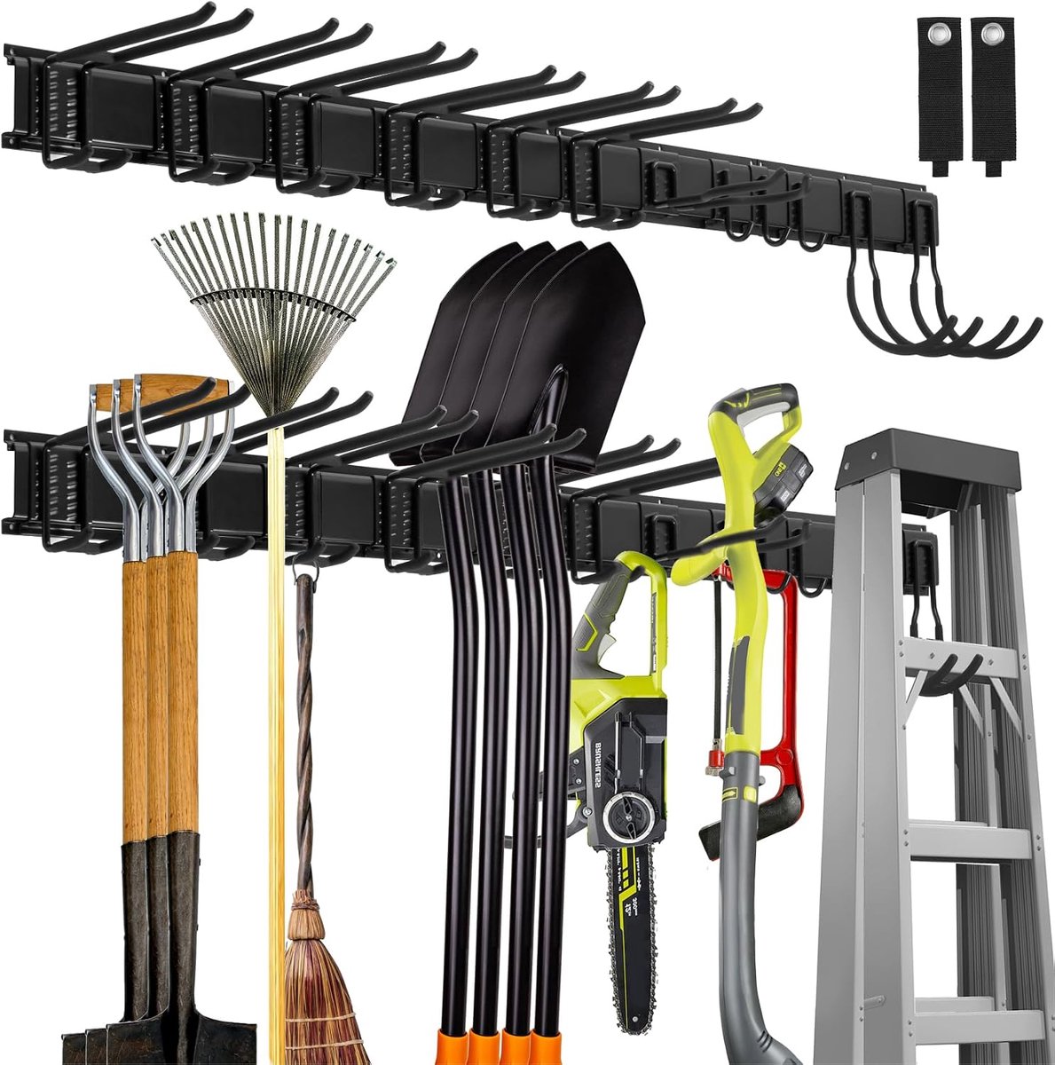 Garage Tuingereedschap Organizer Wandmontage, Gereedschap Opbergrek met 12 haken Met 2 Riemen, voor Trimmers, Slangen, Tuingereedschap, Stoelen