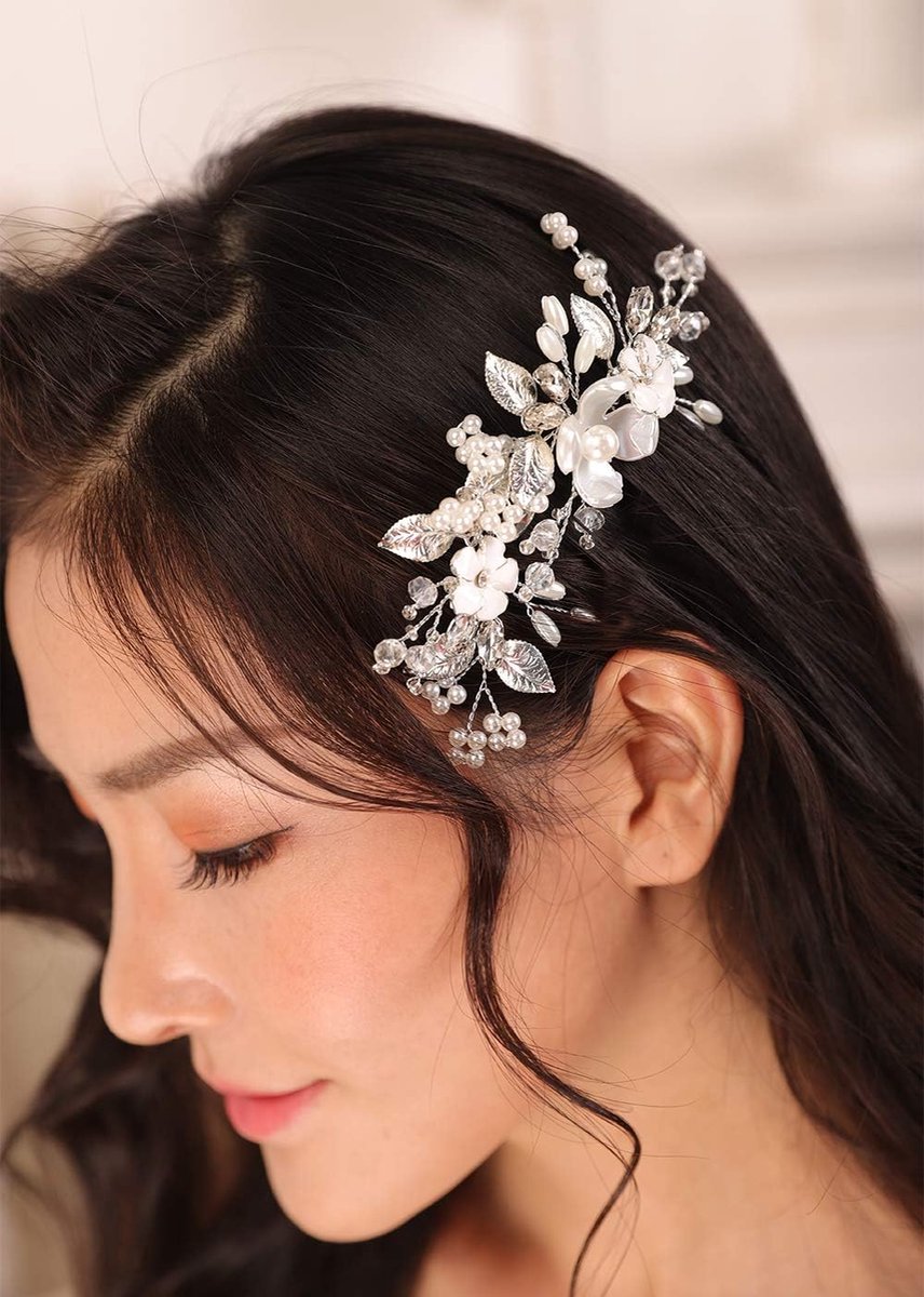 2 stks Kleine Leuke Zilveren Haarspeldjes Set voor Vrouwen Bruiloft Bruids Boho Blad en Parel Haaraccessoires Prom Speciale Gelegenheid Witte Bloem Art Deco Collectie