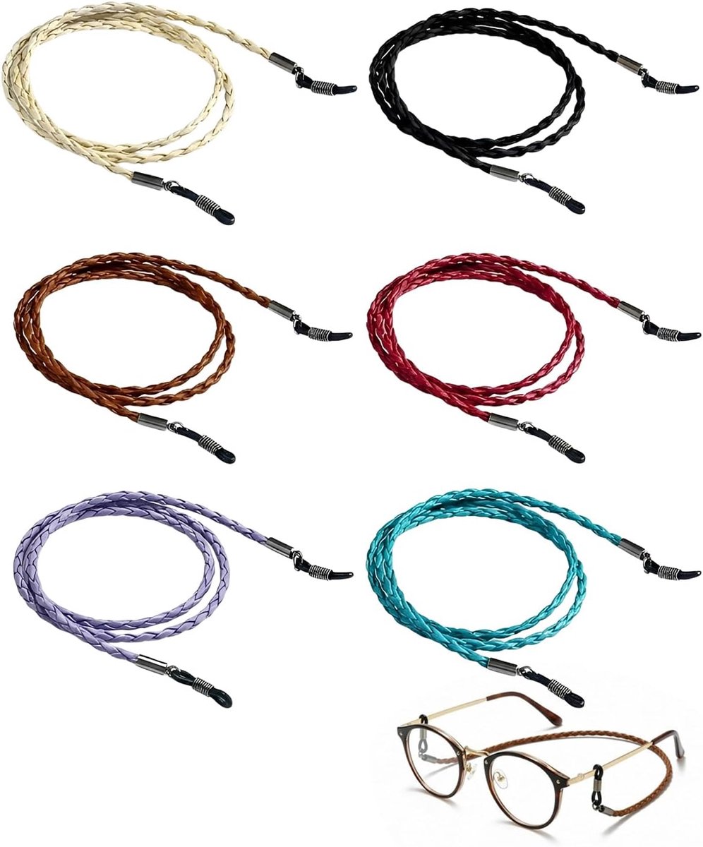 Brillenband, 6 stuks, PU gevlochten draagkoord, verstelbaar, zweetbestendig en antislip, sportbrilband voor outdoor, fietsen en training