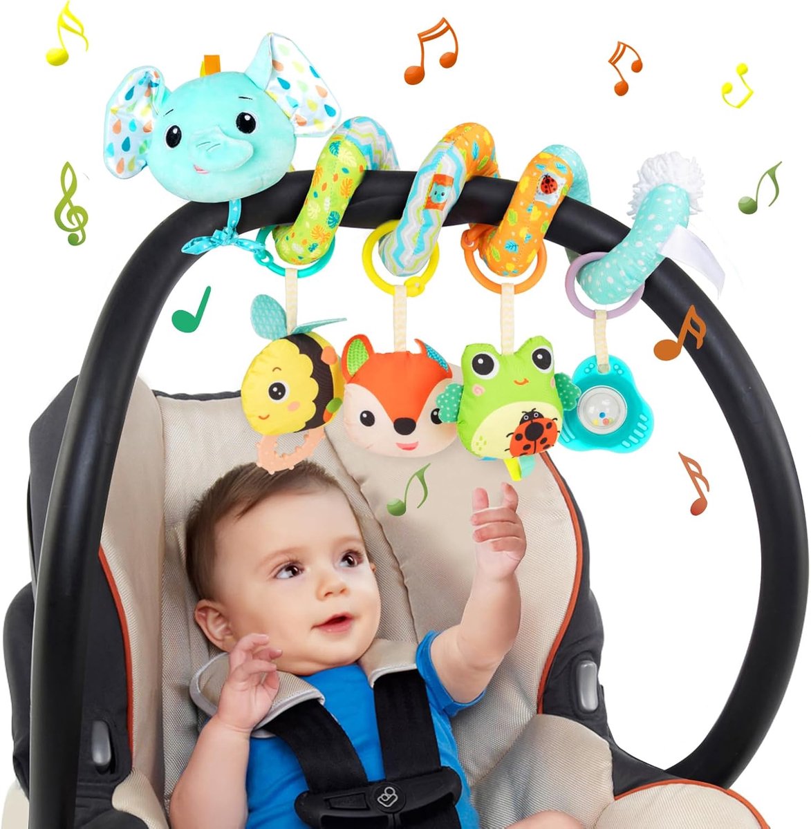 Babyspeelgoed – Spiraal Kinderwagenspeelgoed met Muziek, Ontwikkelingsspeelgoed voor Baby's, Autostoelspeelgoed voor Jongens en Meisjes, Pasgeboren Babycadeaus 0 3 6 12