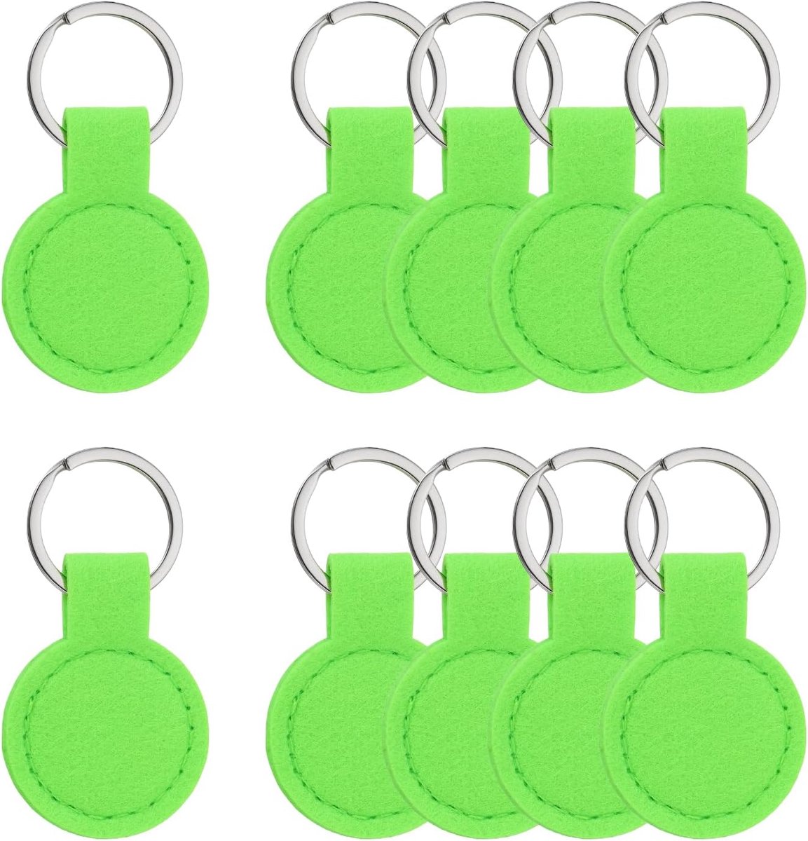 10 stuks ronde sleutelhangers van vilt met roestvrijstalen ring, sleutelhangers, kleurrijke beschrijfbare etiketten voor sleutels, decoratieve tassen, doe-het-zelf (neongroen, 54 x 40 mm)