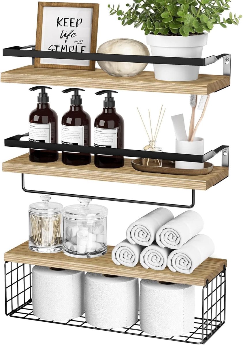 sharllen Wandrek hout met draadmand handdoekhouder set van 3 zwevende planken, lichtbruin