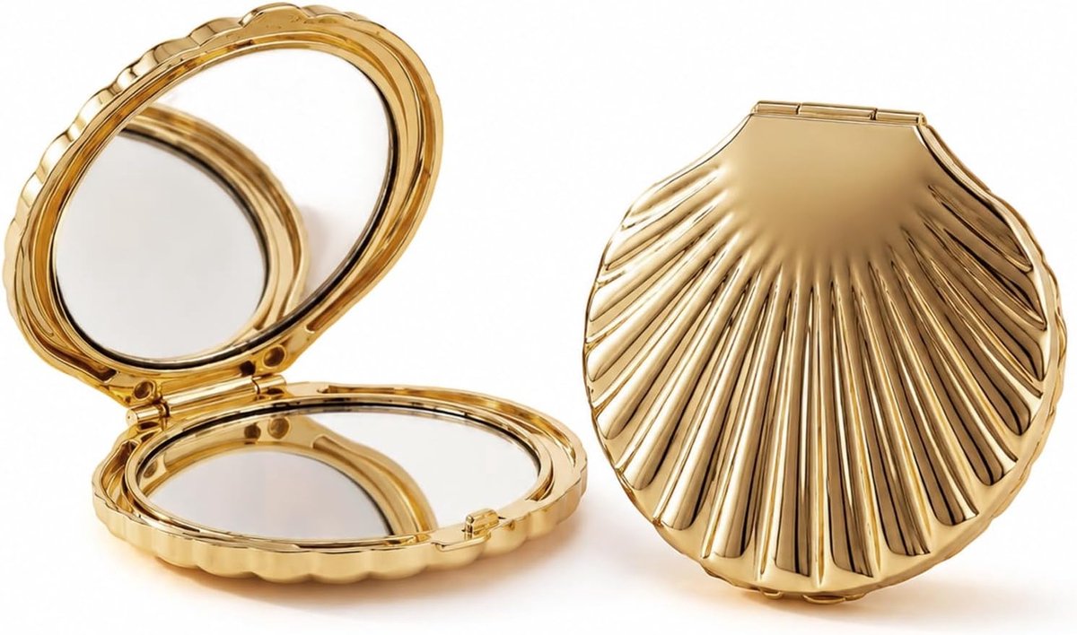 Zakspiegel, Opklapbaar, Dubbelzijdig, Compact, Schelpvormig Ontwerp, voor Reis Handtas, Make-up Spiegel, Draagbaar, Thuis Kantoor, Cadeau-idee