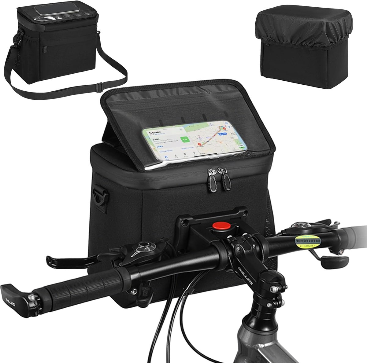 Fietstas voor op het stuur met stuuradapter, waterdichte fietstas van 6 liter voor op het stuur met touchscreen, afneembare schouderriem, regenhoes, voor e-bike, fiets, mountainbike