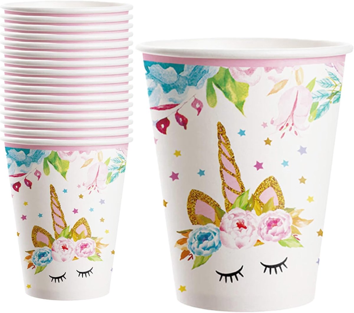 Set van 16 stuks eenhoorn papieren bekers set roze verjaardag decoratie feestservies set papieren bekers set meisjes baby