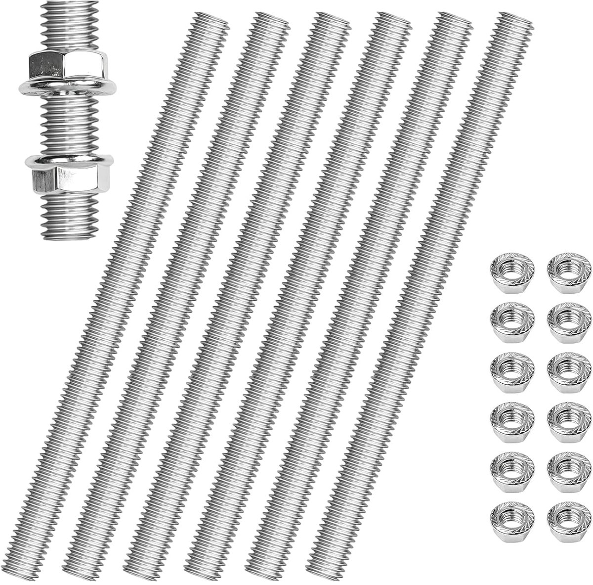 6 stuks M8 schroefdraadstang M8 x 300 mm schroefdraadstangen, uitgerust met 12 flensmoeren, volledige schroefdraadstang voor machinemontage en meubelbouw