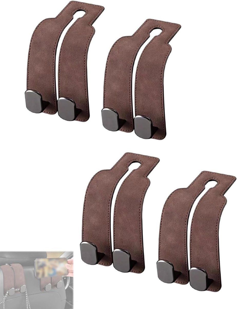 Set van 4 dubbele haken voor autostoelen, autostoelhaken, multifunctionele leren haken voor het ophangen van tassen, compatibel met telefoonhouder (grijs)