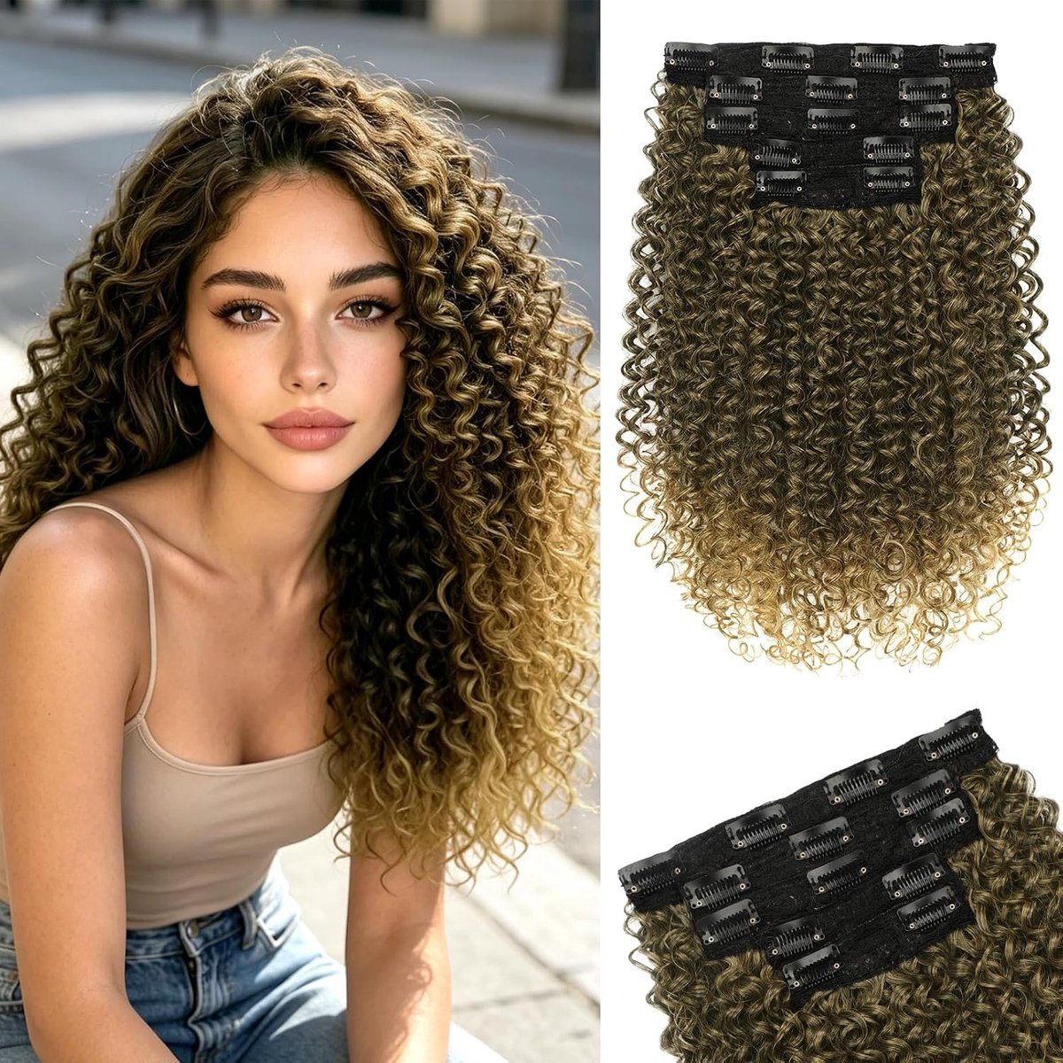 Haarextensies,40 cm Krullende Haarextensies voor dun Haar,Langdurige Krullen Synthetische Haarexten met Clips voor Vrouwen,Ombré Donkerbruin naar Aardbeiblonde