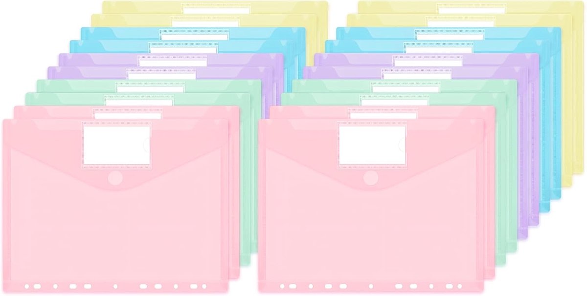 documententas, met klittenbandsluiting, 20 stuks, 5 pastelkleuren | Transparante documentenmap, waterafstotend, 11 gaten, labeltas, voor documenten, organisatie, kantoor en school
