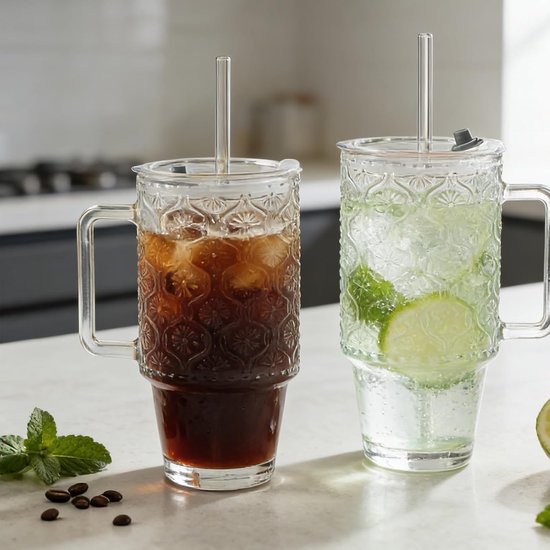2 stuks 730 ml glazen beker met rietje en deksel - herbruikbare ijskoffie beker met handvat en kopborstel smoothie glas matcha drinkbeker voor ijs koffie sap drinken melk thee cocktail bruiloft — afbeelding 5
