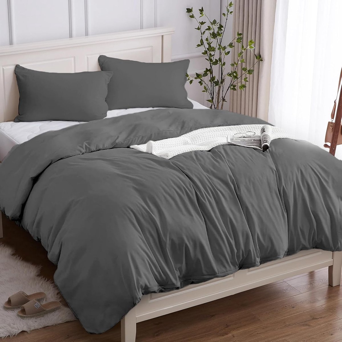 Beddengoed 250 x 200 cm, 3-delig, 100% katoen, dekbedovertrekset 200 x 250 cm (2 kussenslopen 50 x 80 cm), van premium katoen, 150 g/m², zacht, ademend, hypoallergeen, lichtgrijs