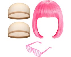 Partyrama, Pruik Klassieke Bobkapsel met Hartvormige Zonnebril en Muts, Roze Bob Pruik voor Dames voor Carnaval en Mottofeest