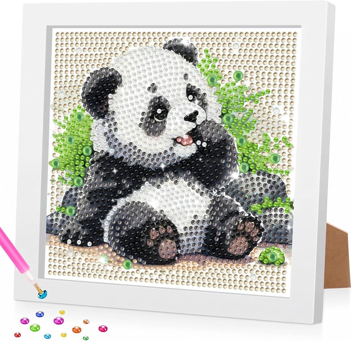 Panda Diamond Painting voor kinderen met lijst, 5D doe-het-zelf diamantschilderij, afbeeldingen kinderen, dieren, creatieve knutselset, cadeau voor meisjes van 5-14 jaar, woondecoratie voor