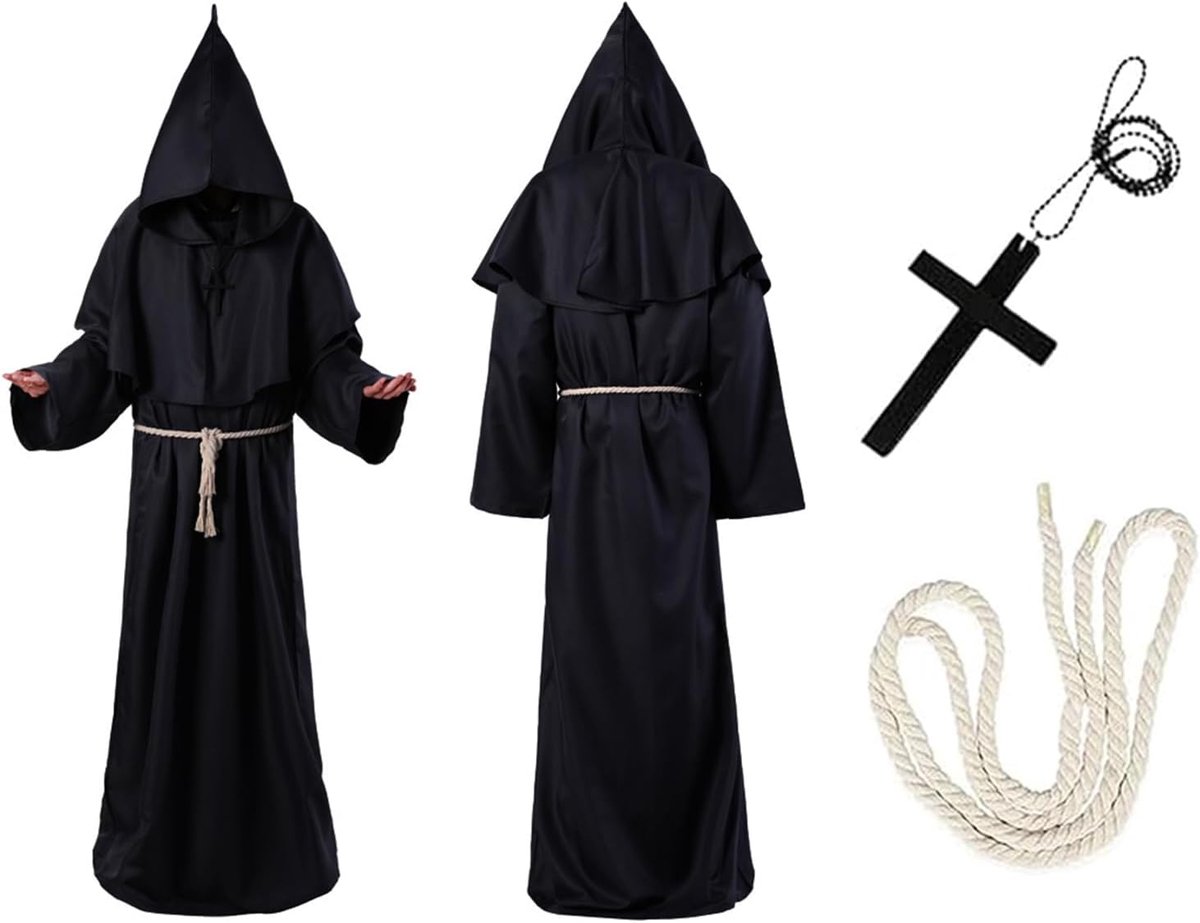 pristergewaad, middeleeuwse renaissance-badjas met capuchon en kruis, monnikskutte voor themafeest, Halloween, cosplay, carnaval en carnaval