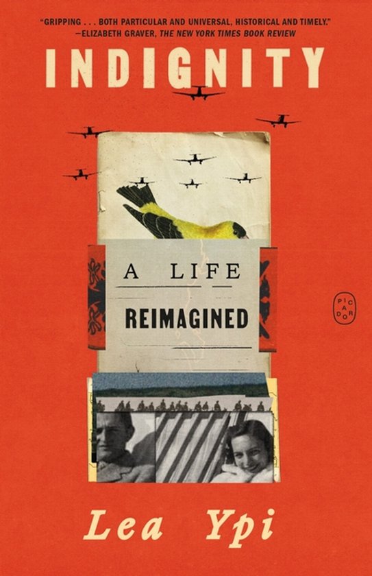 Boekomslag van 'Indignity: A Life Reimagined' door Lea Ypi. Oranje achtergrond met vliegtuigen, een vogel en foto's.